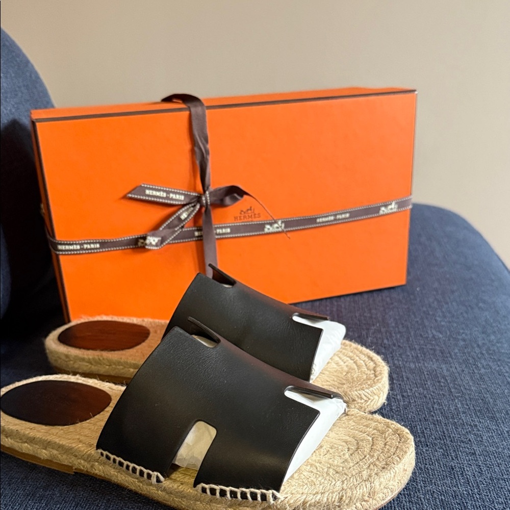 Hermes Black Leather Espadrille Sandals